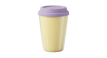 Yellow and purple travel mug isolated on transparent background, reusable coffee cup for hot drinks and beverages