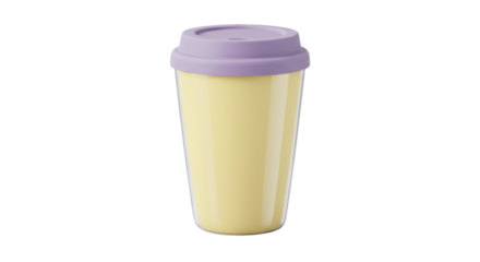 Yellow and purple travel mug isolated on transparent background, reusable coffee cup for hot drinks and beverages