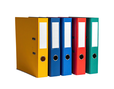 Array of upright, colorful ring binders with blank white labels and black background