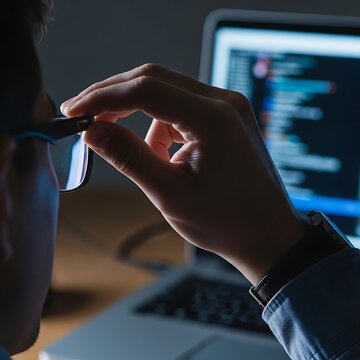 Focused Programmer Adjusting Glasses Working Late Night.