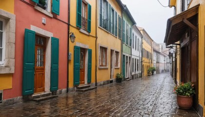 Fototapeta premium Colorful buildings line a wet cobblestone street in a European town, with green shutters and various architectural styles.