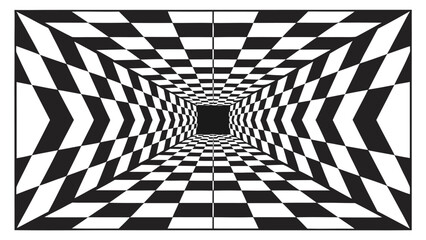 Naklejka premium Abstract high contrast warped checkerboard tunnel illusion depth pattern optical movement