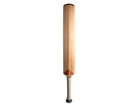 A vertical cricket bat against a black background, showing the face and handle