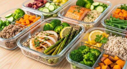 A healthy meal prep with fresh vegetables, grains, and lean protein