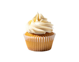 A single cupcake, golden cake with swirled cream frosting on black background