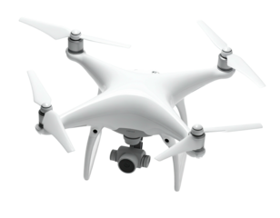 Overhead view of a white, unmanned aerial vehicle