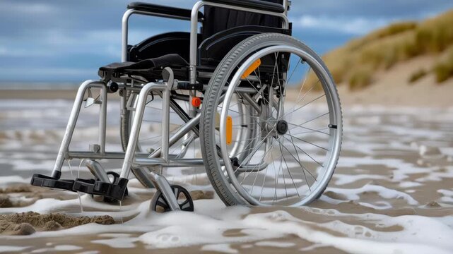 Wheelchair sandy beach with gentle waves and overcast sky mobility accessibility coast sand ocean wave beach mobility accessibility coast sand ocean