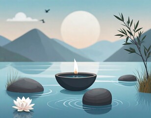 Calm, serene landscape with a floating candle