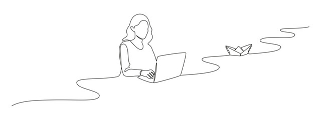 Woman with laptop computer in one continuous line drawing. Female user with paper boat for leadership concept in simple linear style. Paperboat icon in Editable stroke. Doodle vector illustration
