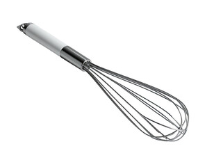 A shiny silver whisk, handle up, set against a stark black background