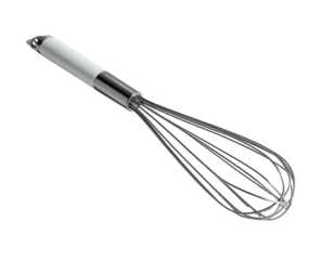 A shiny silver whisk, handle up, set against a stark black background