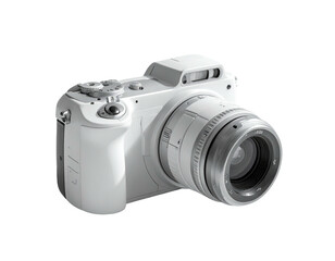 White digital camera, angled view, lens extended, on black background, well-lit