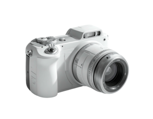 White digital camera, angled view, lens extended, on black background, well-lit