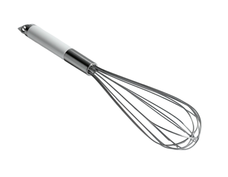A shiny silver whisk, handle up, set against a stark black background