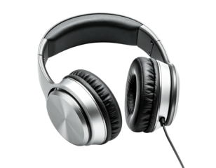 Silver and black over-ear headphones with a padded headband on a black background
