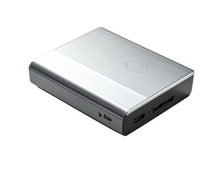 Metallic rectangular external hard drive with ports and a circular subtle detail
