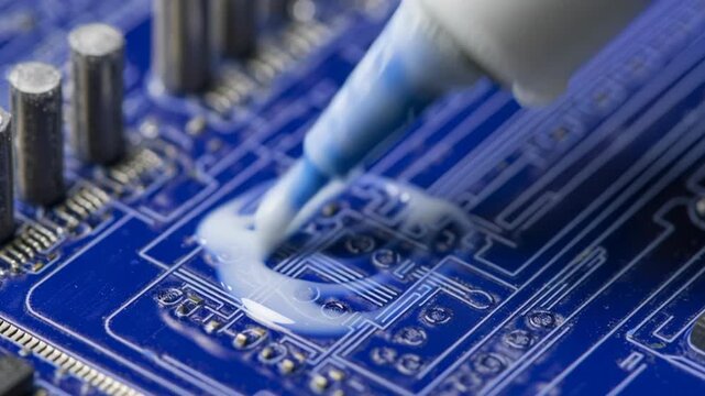 4k video of applying thermal paste on a microprocessor and motherboard.