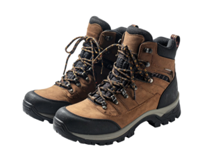 Brown and black hiking boots isolated on a black background, ready for adventure