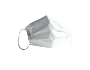 White disposable face covering with ear loops, floating against a dark background