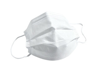 A white, pleated medical-style face covering, held in front of a dark background