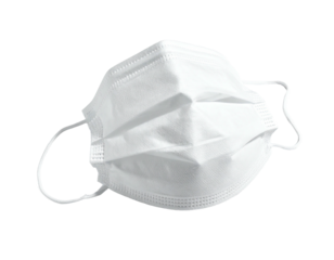 A white, pleated medical-style face covering, held in front of a dark background