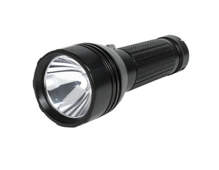 A black cylindrical flashlight with a textured grip and bright, reflective lens
