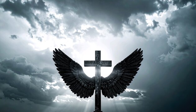 Gothic cross with angel wings creates emo dark background under stormy sky