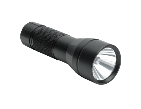 Sleek black flashlight with textured grip, angled, on a black background