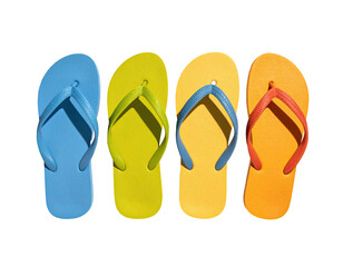 A vibrant row of four flip-flops in primary and secondary bright colors