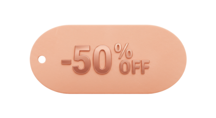 Peach tag with minus 50 percent off isolated, sale promotion label for retail marketing and discount offers PNG