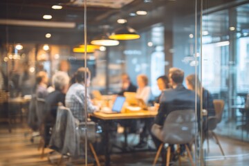 a business team is having a meeting in a conference room with glass walls. the background is blurred, and there is a bokeh effect of the office building outside the window.