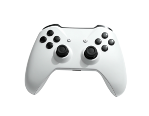 White video game controller with black buttons and joysticks, against black background