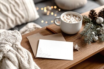 Christmas card mockup with envelope, cup of hot chocolate with marshmallows, pine cones and festive decorations