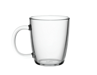 A clear glass mug with a handle, set against a black, isolated background