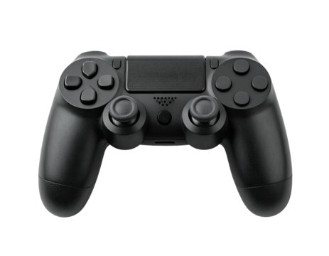 A matte black game controller with thumb sticks, buttons, and triggers on black background