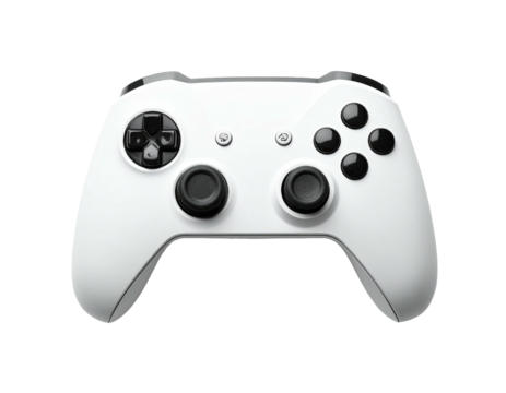 White gaming controller, angled shot, black buttons and directional pad, sleek design