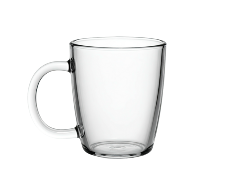 A clear glass mug with a handle, set against a black, isolated background