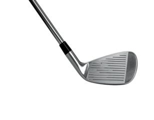 Angled close-up of a shiny golf club head with grooves and a long, silver shaft