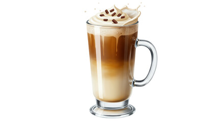 Latte macchiato in glass mug isolated on transparent background, coffee drink with milk and whipped cream PNG