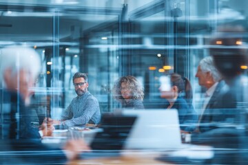a business team is having a meeting in a conference room with glass walls. the background is blurred, and there is a bokeh effect of the office building outside the window.