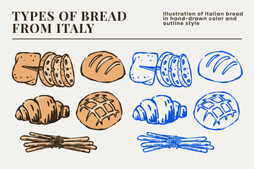 Italian Bread Illustrations in color and outline collection