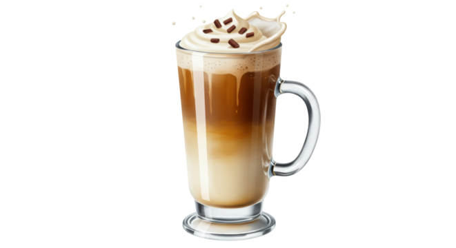 Latte macchiato in glass mug isolated on transparent background, coffee drink with milk and whipped cream PNG