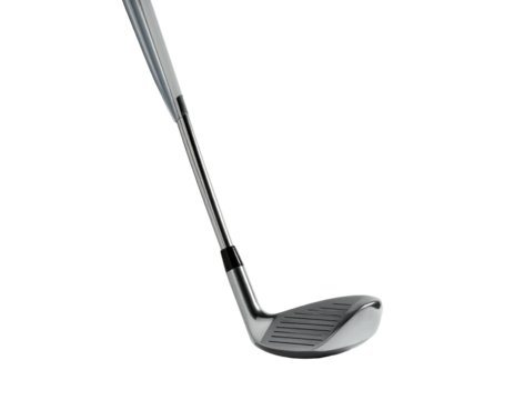 A shiny, angled golf club isolated against a stark black background