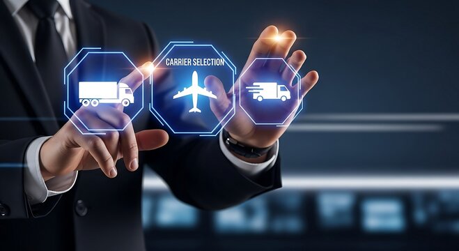 Logistics and Supply Chain Management Concept. Businessman using a futuristic digital interface for carrier selection, choosing between truck, air freight, and van delivery.