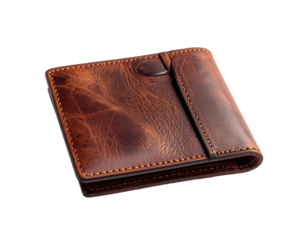 Brown weathered leather bi-fold wallet with visible stitching and button closure