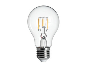 A clear glass light bulb glows with filament detail, isolated on black background