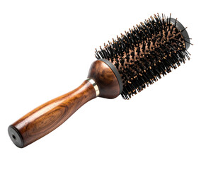 Angled, wooden-handled round hairbrush with black bristles, against a dark backdrop