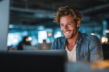 smiling young man working on a laptop in the office handsome, mature male businessman smiling while using his computer at his work desk.