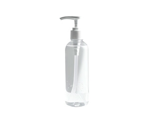 Transparent bottle of liquid soap or sanitizer with a pump dispenser