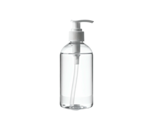 Transparent bottle with white pump dispenser against a black backdrop